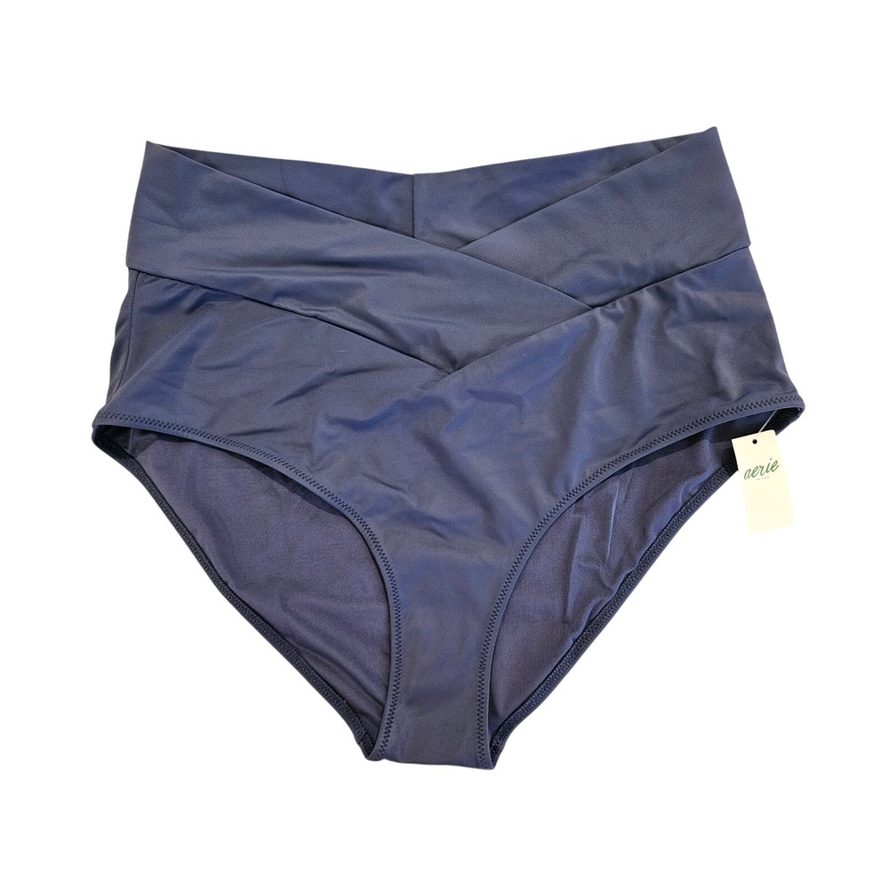 Aerie Real Good High Waisted Bikini Bottoms Navy Blue Crossover V-Front Large